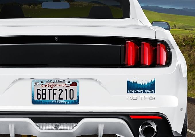 2pcs Blue Mountain Adventure AwaitsLicense Plate Frame for Women, Nature Forest Mountain River Landscape car tag Frames Girly for Vehicle with Non Adhesive Electrostatic Sticker