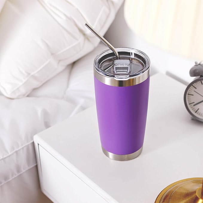 COMOOO 20oz Double Wall Vacuum Insulated Travel Mug, Stainless Steel Tumbler with Lid and Straw Durable Powder Coated Insulated Coffee Cup for Cold & Hot Drinks (Purple, 4 Pack)