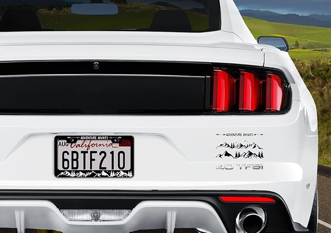 1pcs Black White Mountain License Plate Frame for Women, Forest Mountain Landscape car tag Frames Girly for Vehicle with Non Adhesive Electrostatic Sticker