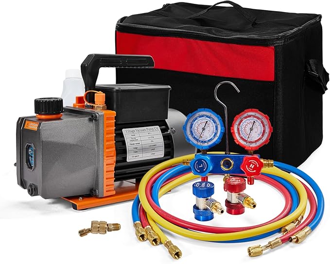 SUNROAD HVAC Air Vacuum Pump Set, 3.6 CFM 1/4HP A/C Refrigeration AC Manifold Gauge Kit for R410A R134a R12 R22 R502 Auto Air Conditioning Refrigeration Recharging