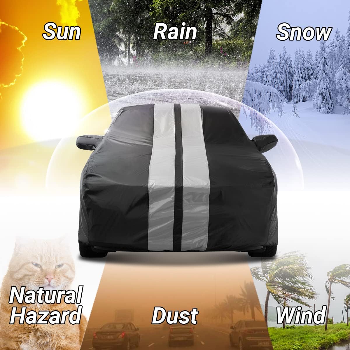 iCarCover Custom Car Cover for 2010-2024 Chevy Camaro LT, LS, RS, SS Waterproof All Weather Rain Snow UV Sun Protector Full Exterior Indoor Outdoor Car Cover (Stripe - Black/Gray)