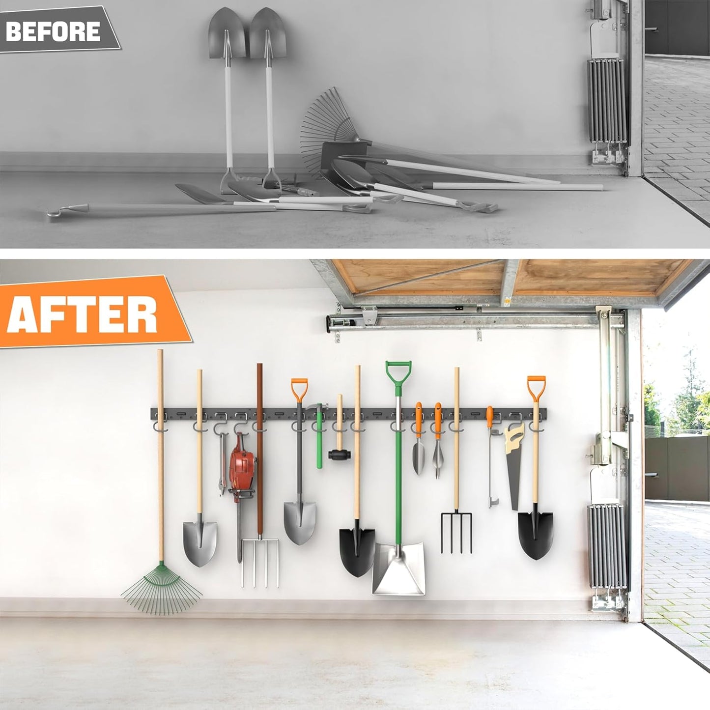 TORACK Plastic Wall Mounted Mop and Broom Holder, Garden Tools Organizer for Garage Wall, Yard Tool Storage Rack for Rakes, Shovels, Mops, Brooms (4 Tracks, 16 Hooks)