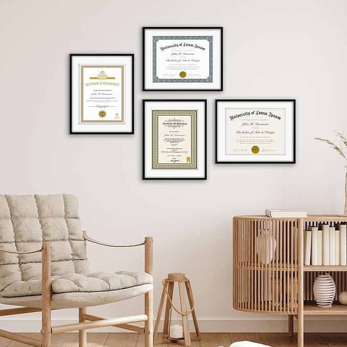 Americanflat 11x14 Diploma Frame with Shatter-Resistant Glass - Set of 4 - Use as 8.5x11 Frame with Mat or Display 11x14 Document Without Mat - Legacy Collection - Certificate Frames for Wall - Black