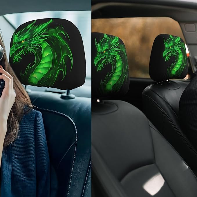 Dujiea 2 Pack Dragon Green Fire Car Headrest Covers, Universal Soft Car Seat Head Rest Protector, Vehicle Accessories Fabric Headrest Cover for Cars Vans Trucks