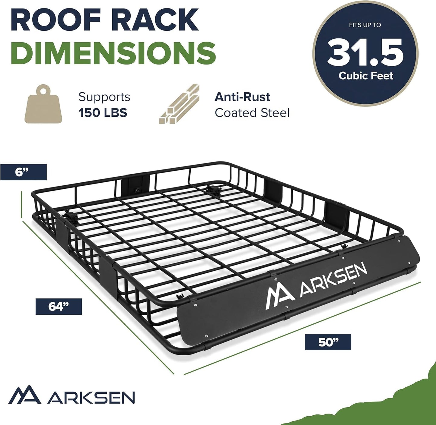 ARKSEN 64 x 50 x 6 Inch Universal Extra Wide 150LB Heavy Duty Roof Rack Cargo with Cargo Net, Car Top Luggage Holder Carrier Basket for SUV, Truck, & Car Steel Construction
