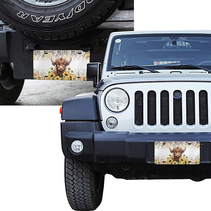 Front License Plate Highland Cattle Sunflower Vanity Plates Aluminum Metal Decorative Car Tag Brown Cow Print Novelty License Plate Cover for Men Women 6 * 12 in (4 Holes)
