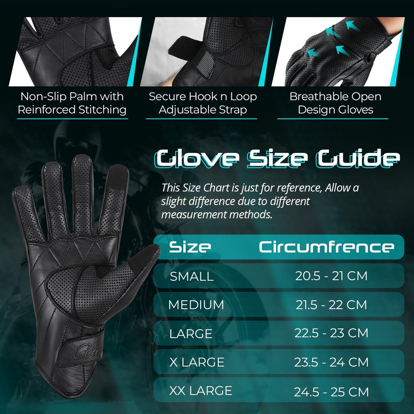 aasportx Motorcycle Gloves - Men's Leather Motorbike Gloves with Touchscreen Function - Non-Slip Pads for Men & Women