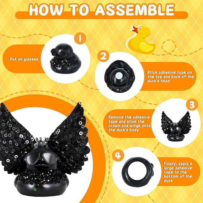 Black Rubber Duck with Crown, Wings & Sunglasses, Squeaky Car Dashboard Ornament, DIY Decor for Party Favors, Office Desk, Home