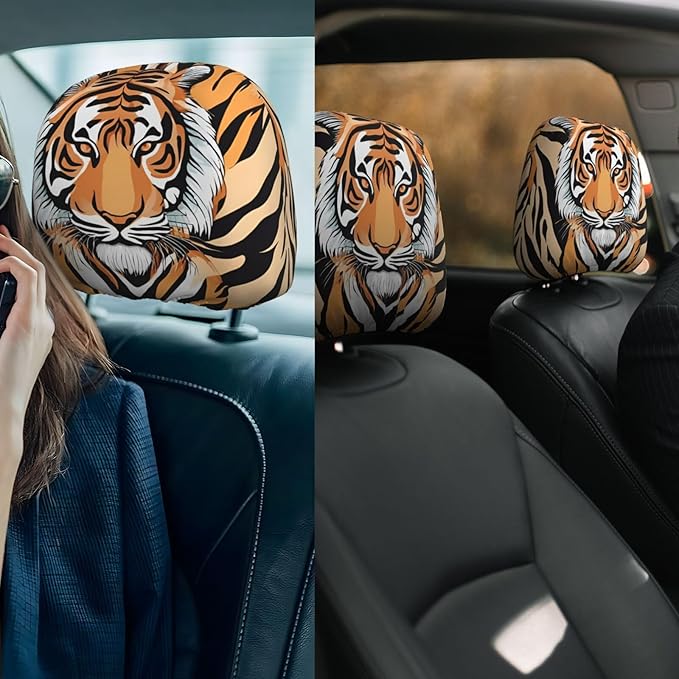 Dujiea 2 Pack Tiger Animal Print Car Headrest Covers, Universal Soft Car Seat Head Rest Protector, Vehicle Accessories Fabric Headrest Cover for Cars Vans Trucks
