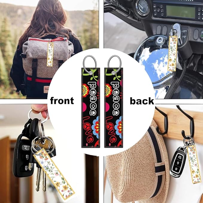 2pcs Hippies Peace Floral License Plate Frame for Women, Funny Love and Peace car Decorative tag Frames Girly, Hippie Peace Flower License Plate Cover Holder for Vehicle with car Keychain tag