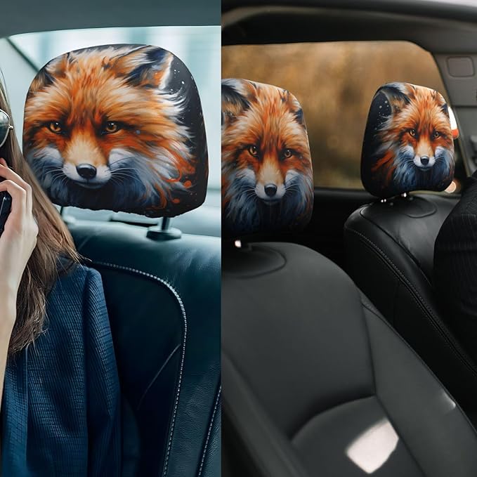 Dujiea 2 Pack Fox Watercolor Animal Car Headrest Covers, Universal Soft Car Seat Head Rest Cover Protector, Vehicle Accessories Fabric Headrest Cover for Cars Vans Trucks
