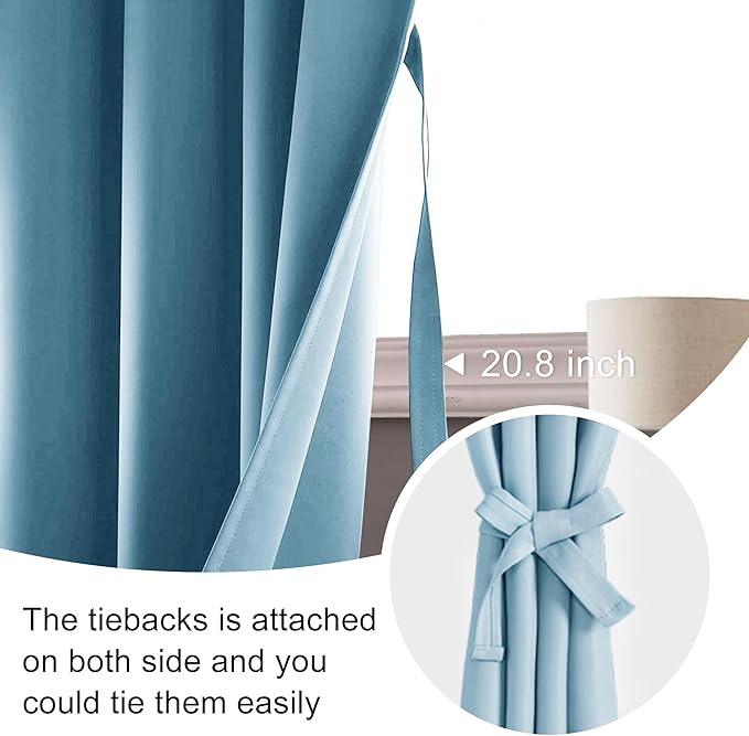 JIUZHEN Blackout Curtains for Bedroom– Thermal Insulated,Noise Reducing Room Darkening Privacy Drapes for Living Room, Set of 2 Panels with Tiebacks, 52 x 63 inch Long, Light Blue