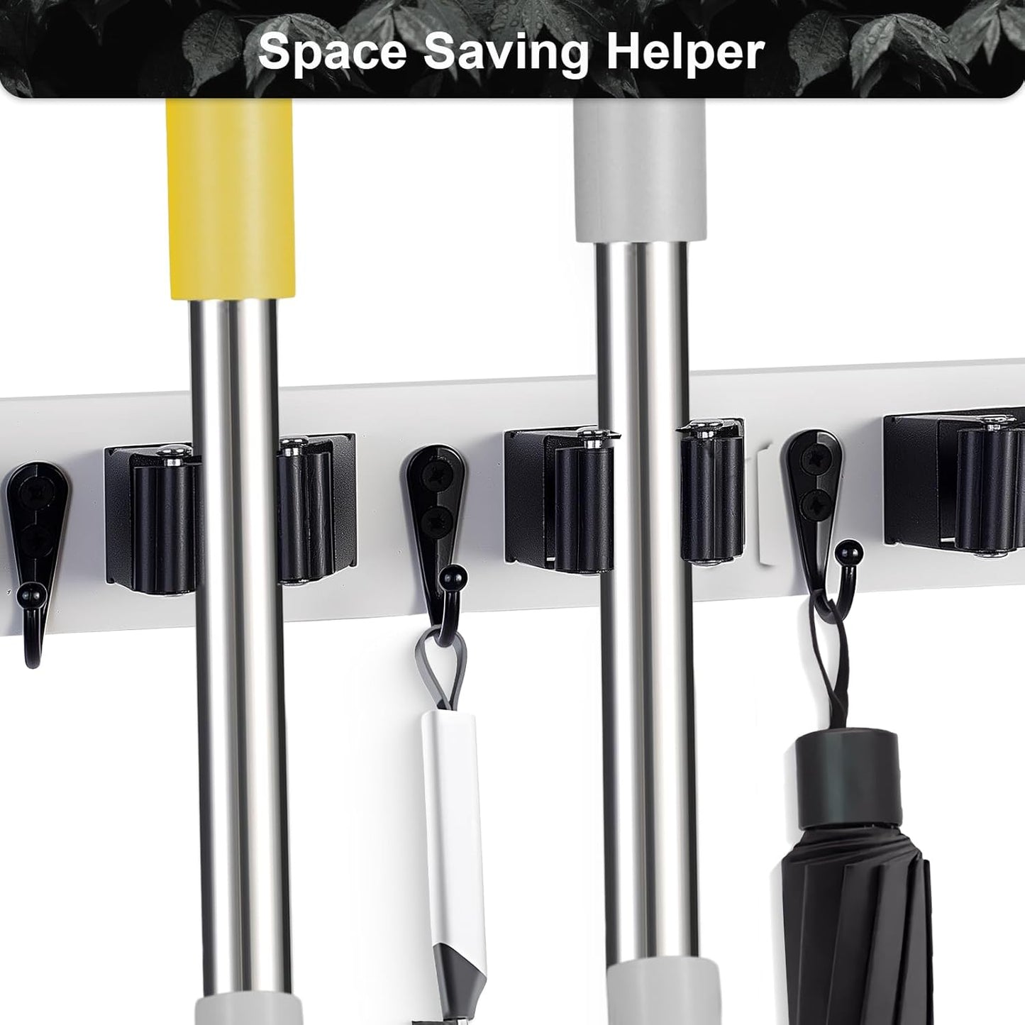 Broom Holder Wall Mount With 5 Slots & 4 Hooks,Rustic Wood Broom & Mop Hanger,Wall Mounted Garden & Garage Tool Storage Organizer Rack for Closet Laundry Room or Kitchen Wall Decor White