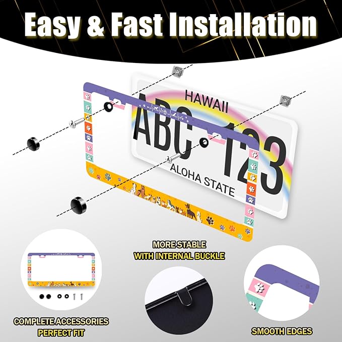 Colorful Dog Paws License Plate Frame Animals Dogs License Plate Stainless Steel Funny Accessory Cars Decor for Men Women 12.2 X 6.2 Inch with 2 Holes and Screws Fits Standard Us Ca Vehicles