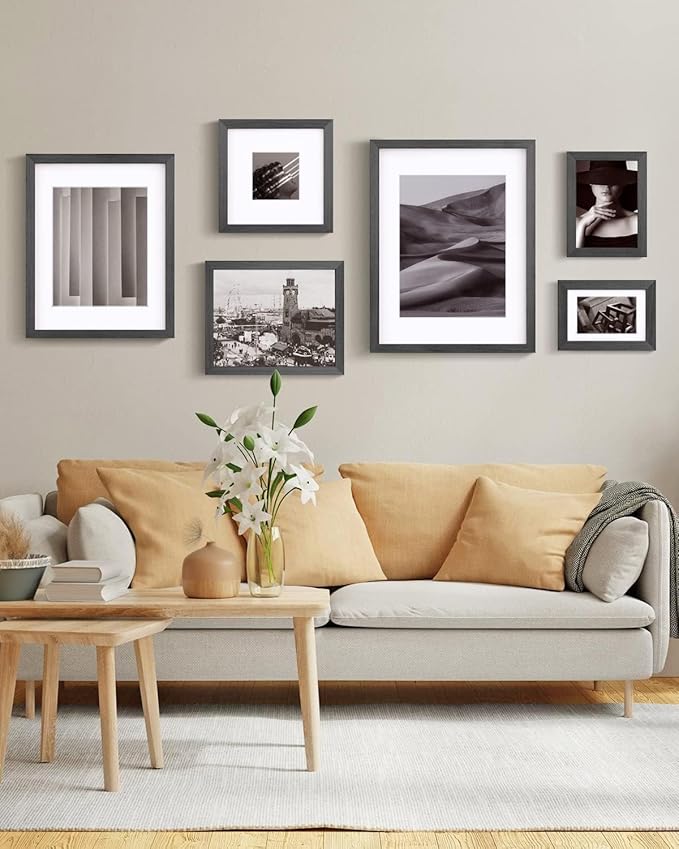 Egofine 6x8 Picture Frames Set of 4, Made of Solid Wood Covered by Plexiglass 4x6 and 5x7 with Mat or 6x8 without Mat, for Table Top Display and Wall Mounting Photo Frame Rustic Black