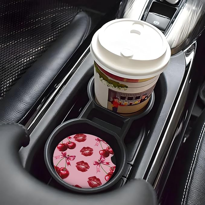 ABLESKY Car Coasters for Cup Holders, 2 Pack Absorbent Anti Slip Car Cup Holder Coasters, 2.56 Inch Ceramic Universal Size Auto Interior Accessories Women Men-Cherry Pink Bow with Red Lips
