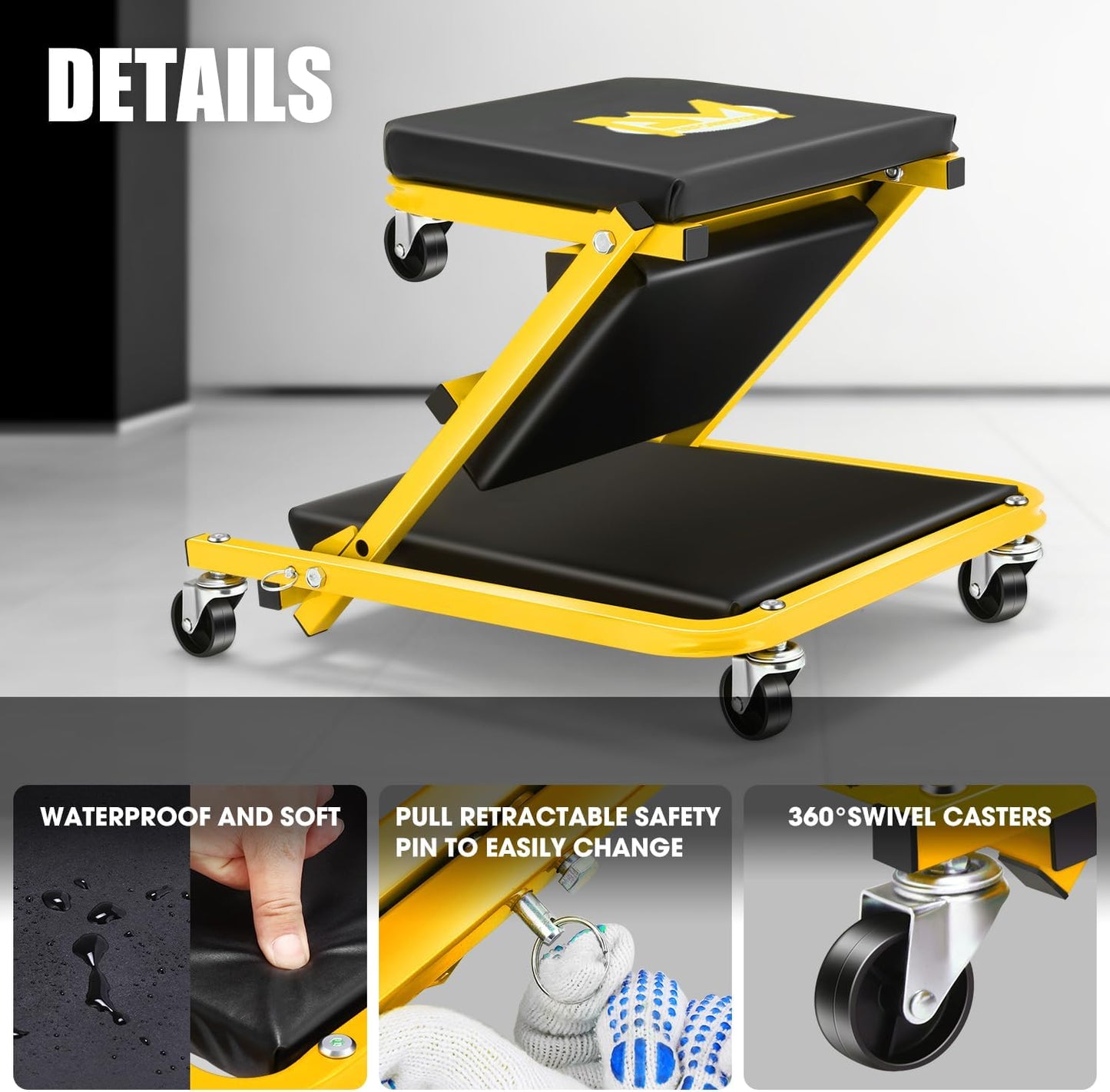 PM PERFORMOTOR 36 Inches Folding 2 in 1 Rolling Z Creeper, Adjustable Roller Garage Chair Lay Down or Sit, 6 Pcs 2" Casters, 150kg Weight Capacity, Yellow,PM-TOL-CPS36-YL