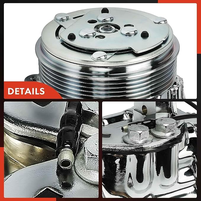 A-Premium Fit for Sanden SD-7 Mini 6PK Style, Universal A/C Compressor with Clutch, 6 Groove Serpentine Belt, Chrome Plated Aluminum Housing