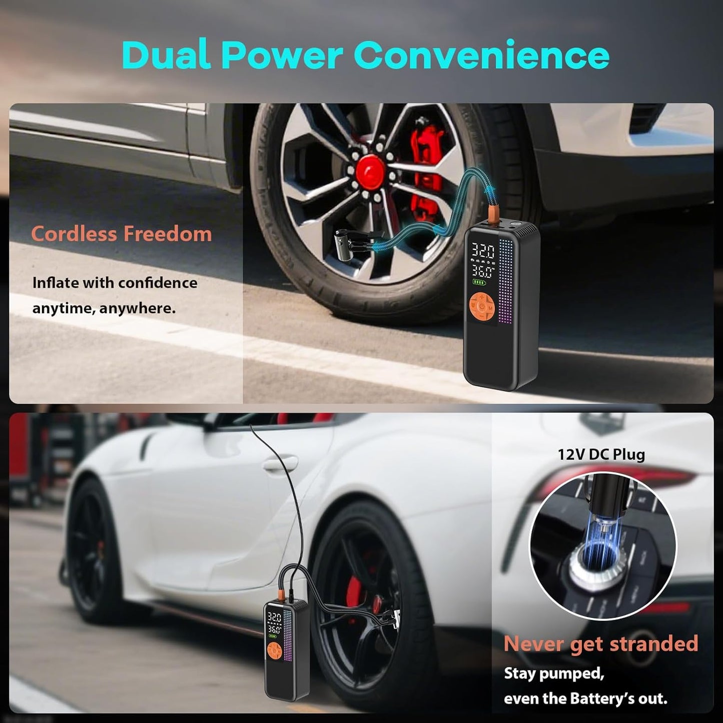 Portable Tire Inflator Air Compressor, 150 PSI Cordless Air Pump, 6000mAh Battery & 12V Car Outlet, Digital Pressure Gauge, Auto Shut-Off, Fast 24L/Min, LED Light, 4 Preset Modes for Car, Bike, Balls