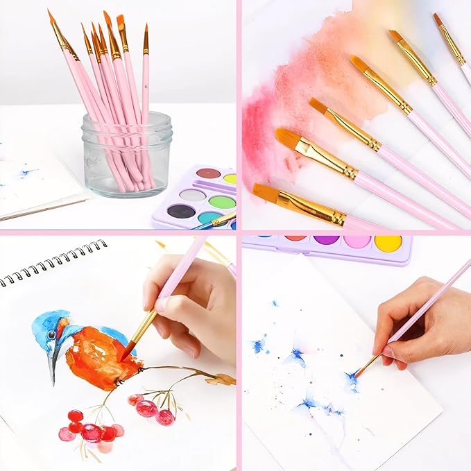 AROIC Painting Brushes Set, 10 Packs /100 Pieces, Nylon Brush Head, Suitable for Oil and Watercolor, Perfect Suit of Art Painting, Best Present for Painting, Pink