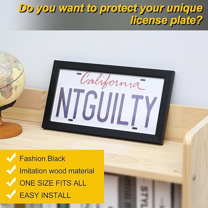 Feekoon License Plate Wall Frame, 13.7" x 7.4" Modern Black Display Cover with 98% UV Protection Acrylic, Imitation Wood Polystyrene Frame Display Vehicle Tag with Hanger
