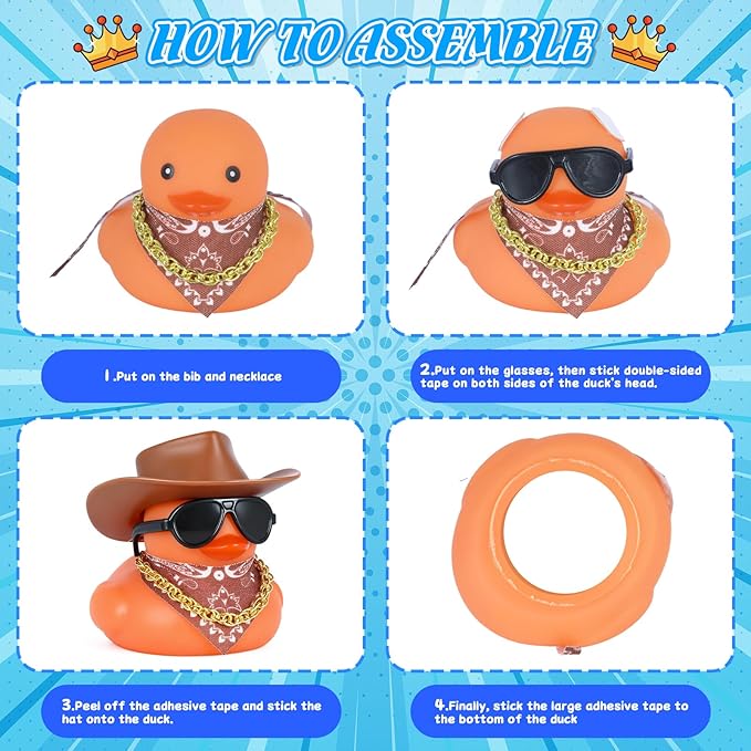 BOZILY Cowboy Rubber Duck Car Dashboard Decor - Brown Hat, Glasses, Necklace & Scarf, Squeaky Silicone Duck Ornament for Stress Relief, DIY Fun Car Accessory