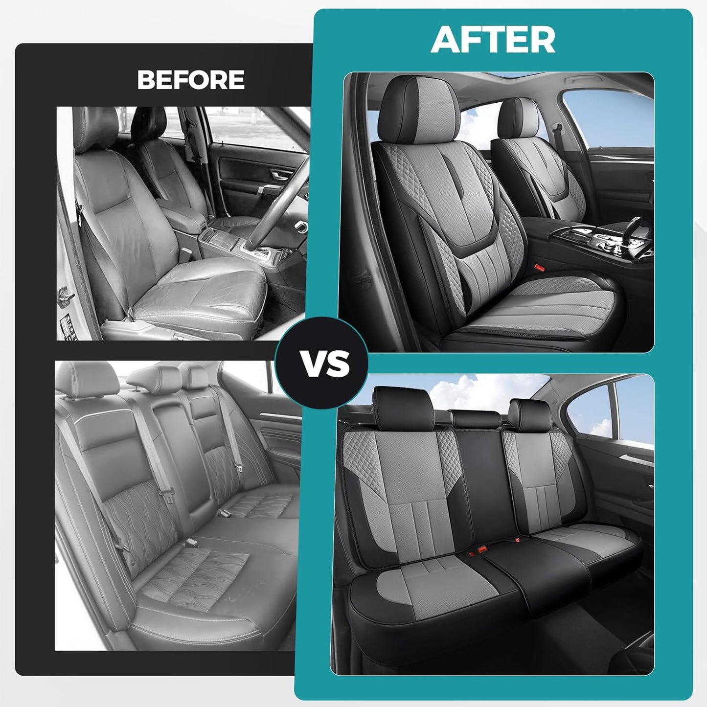 Car Seat Covers Full Set - Universal Seat Covers for Cars SUV Truck – Faux Leather Automotive Seat Covers, Breathable & Waterproof Front and Rear Seat Protectors, Fit for Most Cars-BlackGrey