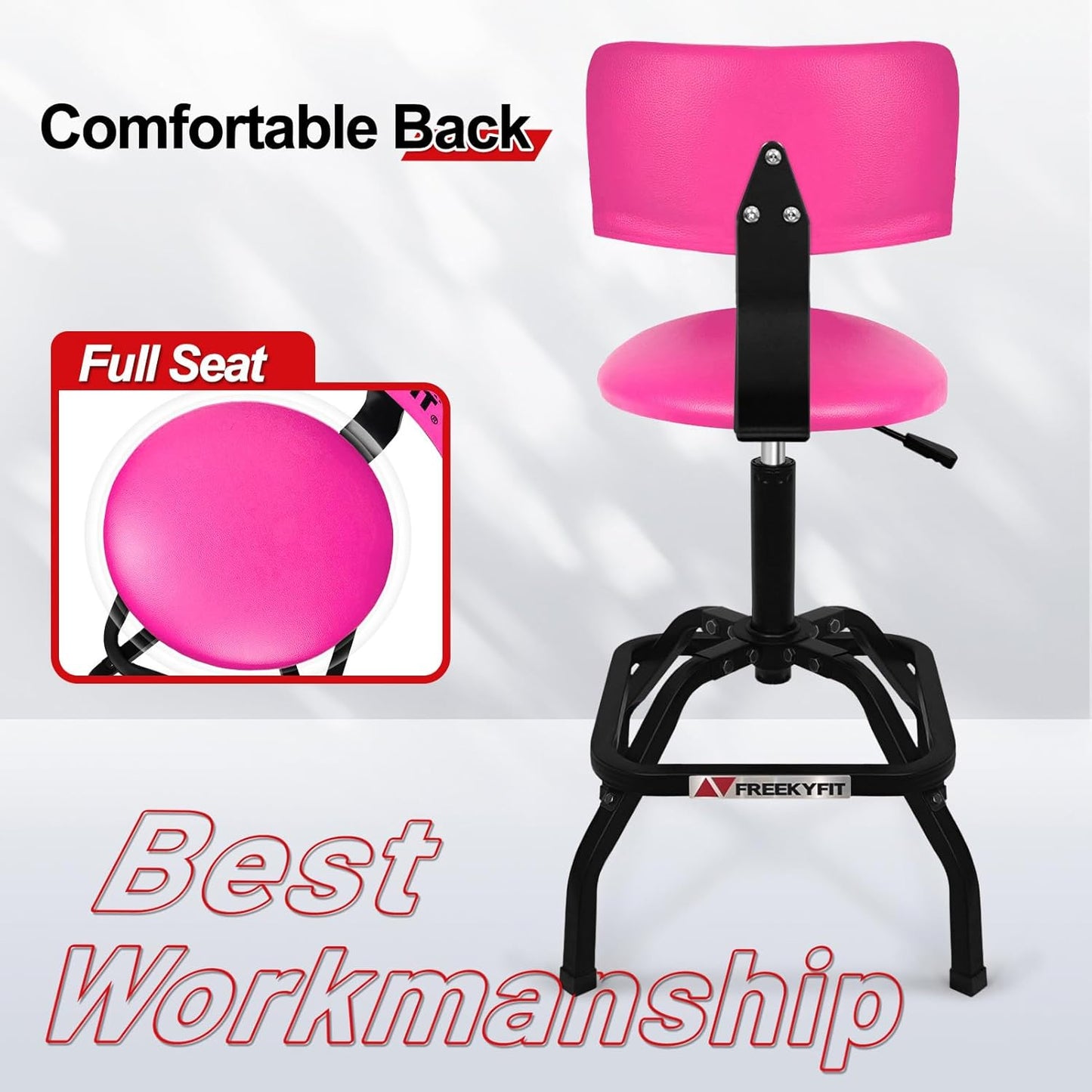 Shop Stool with Backrest, Mechanic Garage Stool for Workshop, Adjustable Shop Stools Chair, Padded Workbench Stools for Men Women, 300 LBS Capacity, 360° Swivel PVC Seat, Heavy Duty, Pink