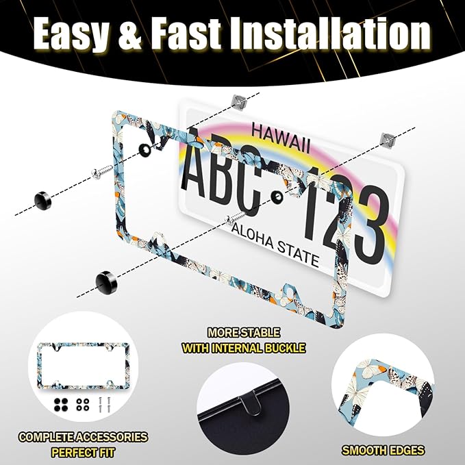 Butterfly License Plate Frame Blue White Butterfies License Plate Stainless Steel Funny Accessory Cars Decor for Men Women 12.2 X 6.2 Inch with 4 Holes and Screws Fits Standard Us Ca Vehicles
