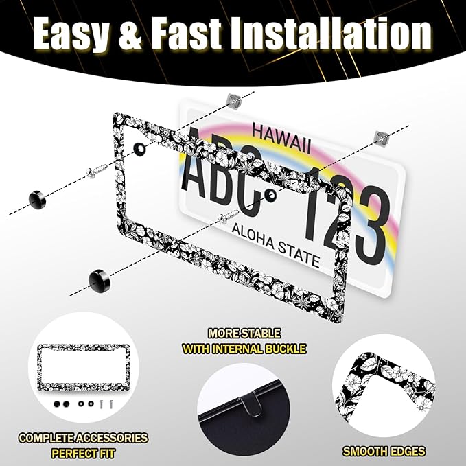 Black White Tropical Flowers License Plate Frame Boho Floral License Plate Holder Funny Auto Parts Stainless Steel Universal Cars Decoration for Men Women 12.2" x 6.2"