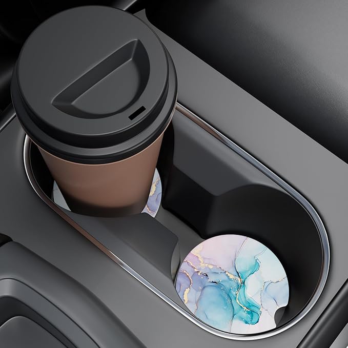 Car Cup Holder Coaster, Car Coasters for Cup Holders, 2 Pack Universal Anti Slip Insert Absorbent Ceramic Auto Interior Accessories with A Finger Notch & Cork Base, Colorful Ink Marble