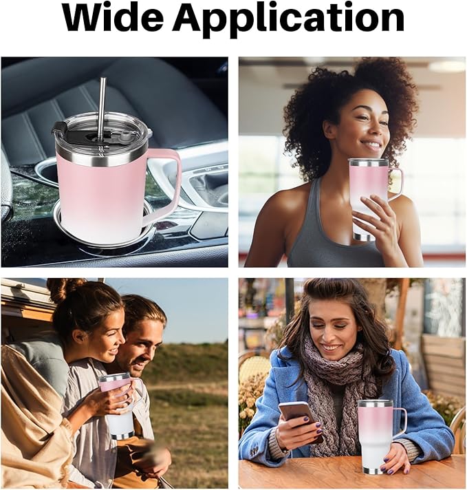 20 oz Tumbler with Handle, Stainless Steel Insulated Tumbler with Lid and Straw, Double Wall Vacuum Coffee Mug Tumbler, Insulated Coffee Thermal Cup for Cold and Hot (Pink White)