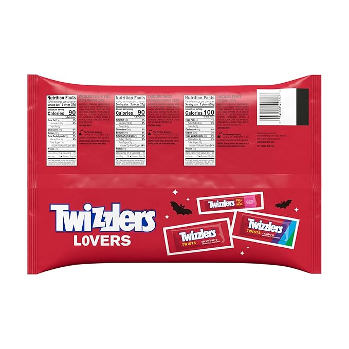 TWIZZLERS Assorted Fruit Flavored Snack Size Chewy, Halloween Candy Bag, 25.3 oz (60 Pieces)