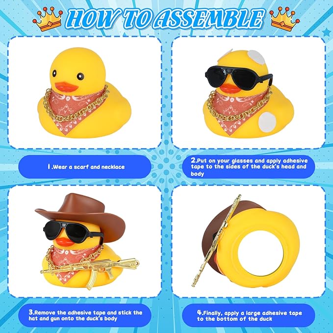 BOZILY Funny Cowboy Hat Rubber Duck Car Decor with Cowboy Hat Necklace Gun Scarf and Sunglasses - Mini Rubber Duckies with Accessories for Dashboard, Office & Home Decor