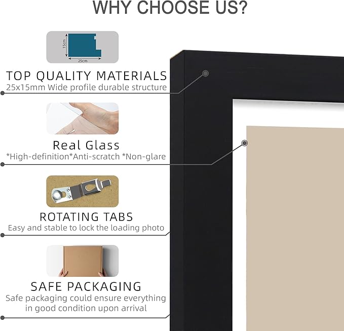 5x7 Picture Frame Set of 4, Made of Real Glass and Black Wooden Frame, 5 by 7 Photo for Wall or Tabletop - Display Picture 4x6 with Mat or 5x7 Without Mat