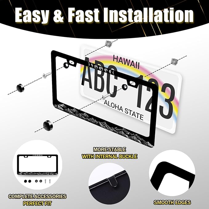 Mountains with Moon Phase License Plate Frame Moon License Plate Holder Funny Auto Parts Stainless Steel Universal Cars Decoration for Men Women 12.2" x 6.2"