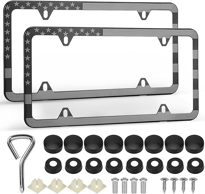 American Flag License Plate Frames, 2 Pack Black Patriotic USA Car Plate Frame, Aluminum License Plate Holder with Free Screws Fasteners Caps and Tool