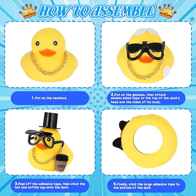 BOZILY Funny Rubber Duck with Mini hat, Gold Necklace, Folding Glasses, Coffee Cup - Rubber Duck Car Ornaments & Home Decor - Multi-Use Dashboard Duck Gift for Adults, Car Lovers