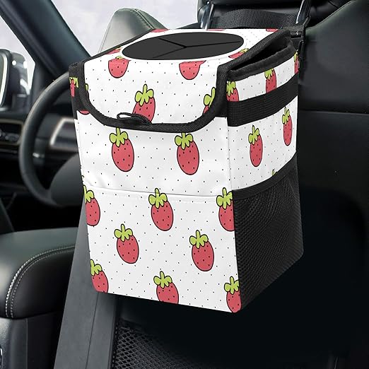 Car Trash Can Lovely Strawberry Auto Garbage Bag Car Trash Can with Lid Leak-Proof Car Storage Bag Garbage Bag Hanging for Headrest Collapsible and Portable with Storage Mesh Pocket