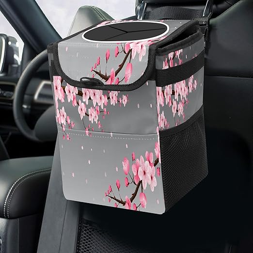Car Trash Can Pink Cherry Blossom Wate-rproof Auto Garbage Bag Car Trash Can with Lid Leak-Proof Car Storage Bag Hanging for Headrest Collapsible and Portable with Storage Mesh Pocket