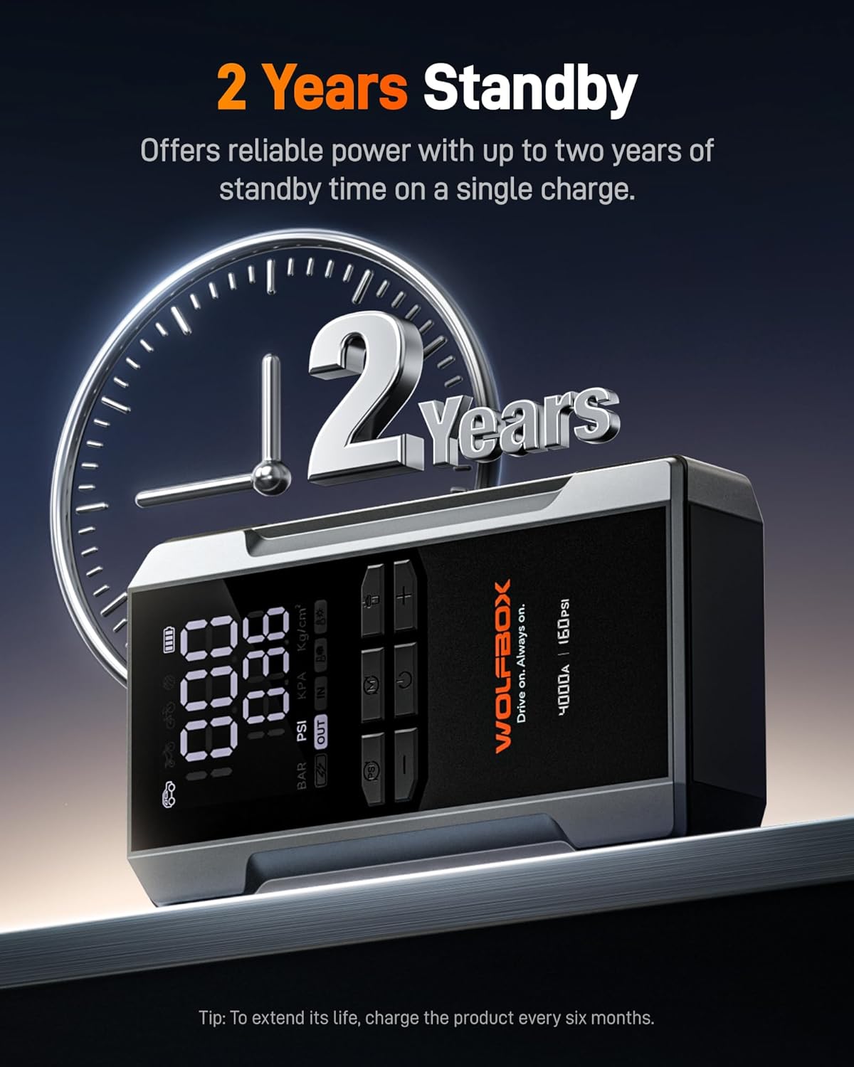 WOLFBOX 4000A Jump Starter with 160PSI Air Compressor, 12V Car Battery Booster, 65W Fast Charge, 24000mAh Portable Tire Inflator, LED Display for 10L Gas & 10L Diesel Engines, LED Light, Jumper Cables