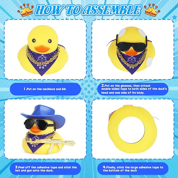 Cowboy Rubber Duck Car Ornaments with Gold Gun, Bandana, Cowboy Hat, Sunglasses, Necklace, Squeaky Car Dashboard Decor for Vehicles, Office, Home, Cool Accessories(Blue Hat)