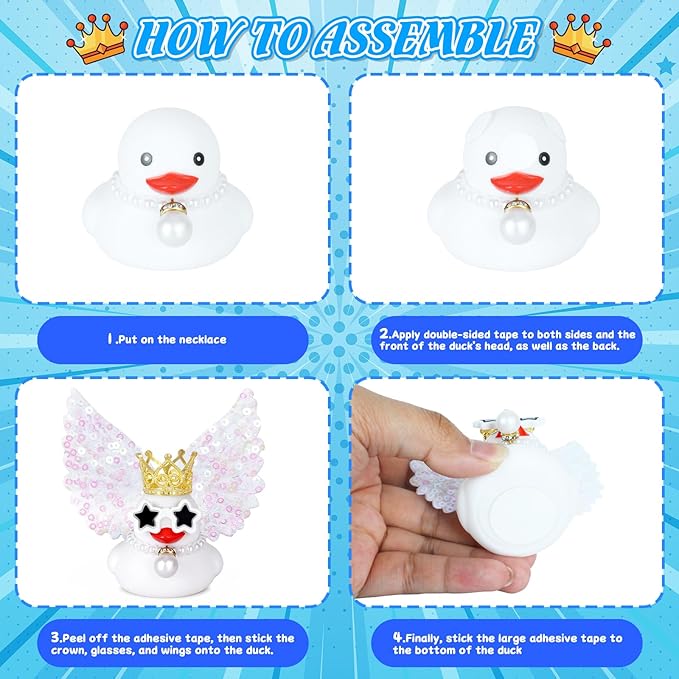 BOZILY White Rubber Ducks Angel Decor with Glitter Wings, Crown, Star Sunglasses & Pearl Necklace - Squeaky Dashboard Decoration for Car, Stress Relief Gift, DIY Fun Accessories