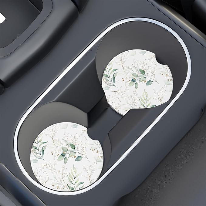 Car Cup Holder Coaster, Car Coasters for Cup Holders, 4 Pack Universal Anti Slip Insert Absorbent Ceramic Auto Interior Accessories with A Finger Notch & Cork Base, Leaves
