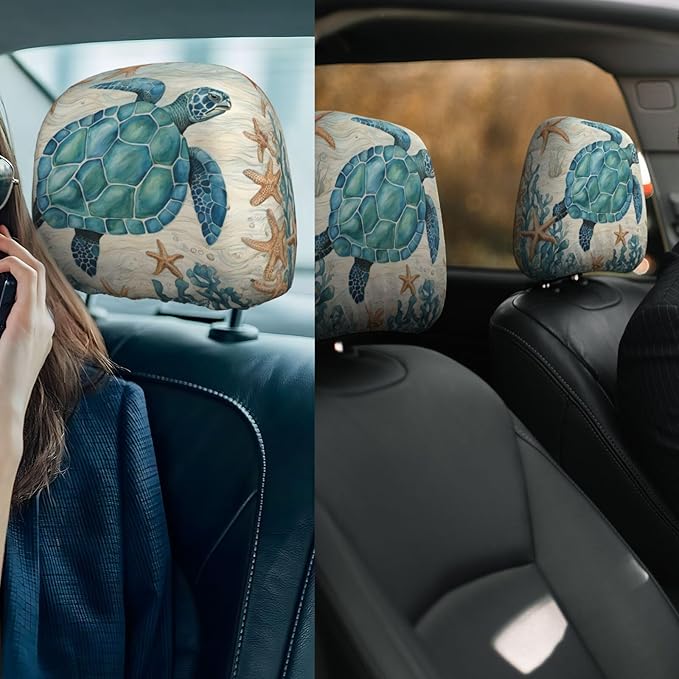 Dujiea 2 Pack Vintage Sea Turtle Starfish Car Headrest Covers, Universal Soft Car Seat Head Rest Cover Protector, Vehicle Accessories Fabric Headrest Cover for Cars Vans Trucks