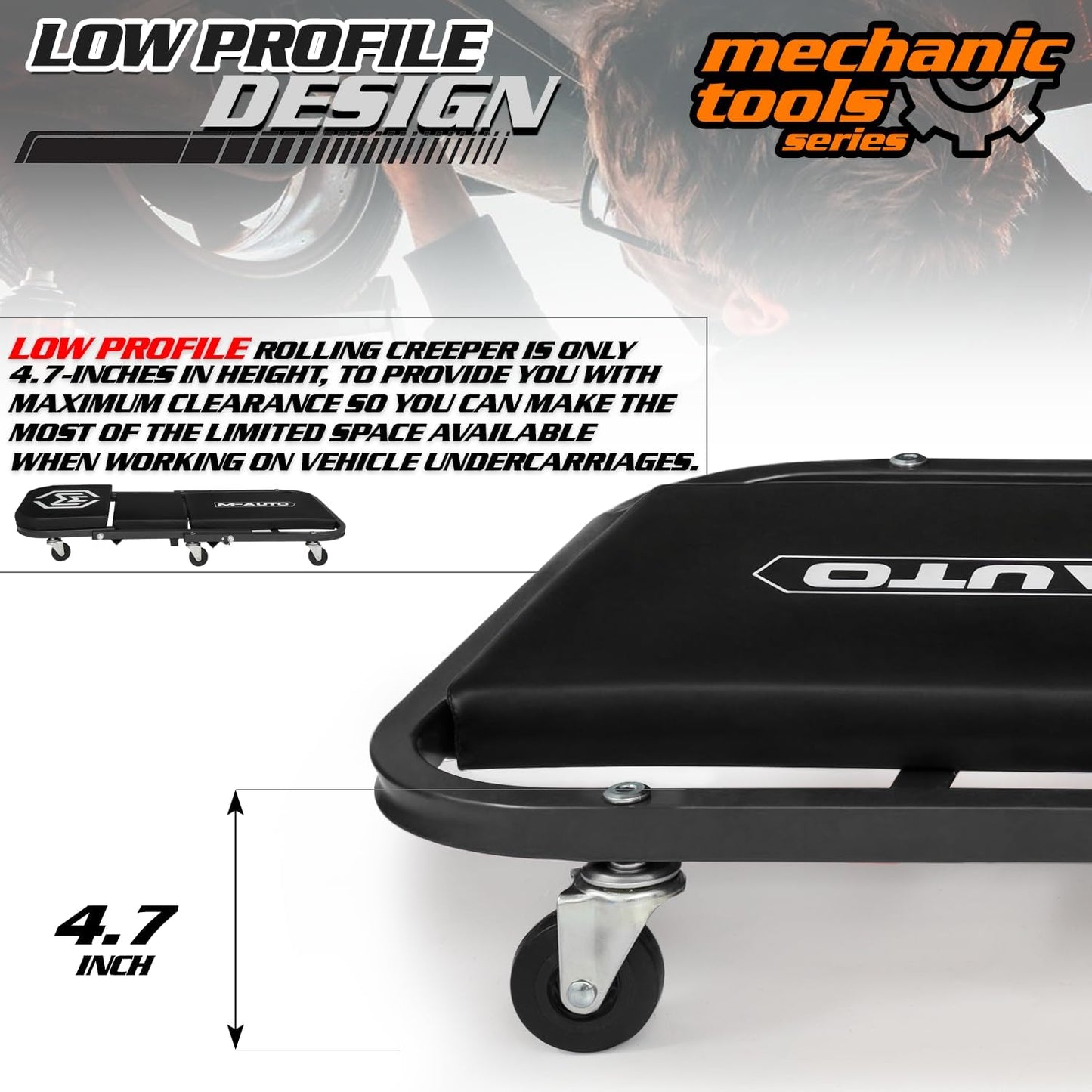 M-AUTO Foldable Z Creeper 2-in-1 Rolling Folding Car Creeper & Seat, 36" Adjustable Roller Garage Chair Lay Down or Sit, 330LBS Capacity Under Car Roller Creeper with 6 Swivel Casters, Black