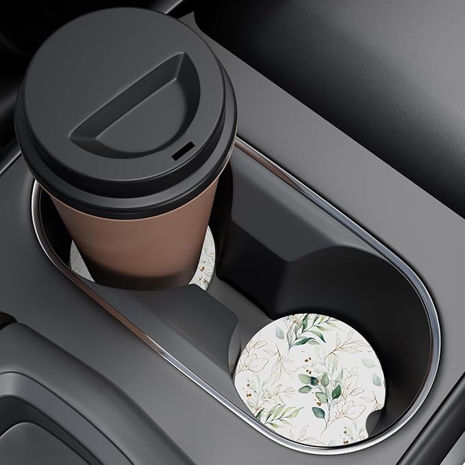 Car Cup Holder Coaster, Car Coasters for Cup Holders, 2 Pack Universal Anti Slip Insert Absorbent Ceramic Auto Interior Accessories with A Finger Notch & Cork Base, Leaves