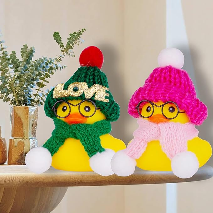 Car Rubber Duck Ornament Winter Duck Car Dashboard Decoration Accessories with Mini Hat Sunglasses Scarf or Bow(E1)