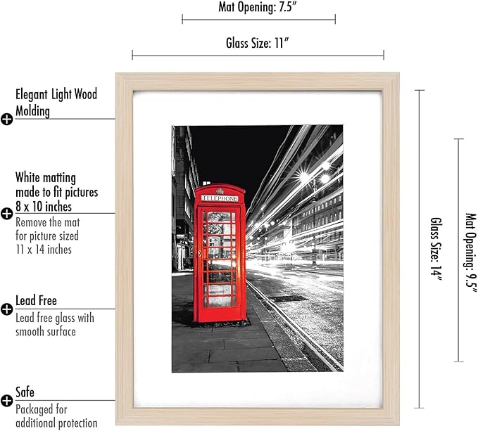 Americanflat 11x14 Picture Frame with Shatter-Resistant Glass - Set of 2 - Use as 8x10 Frame with Mat or Display 11x14 Photo Without Mat - Signature Collection - Picture Frames for Wall - Light Wood