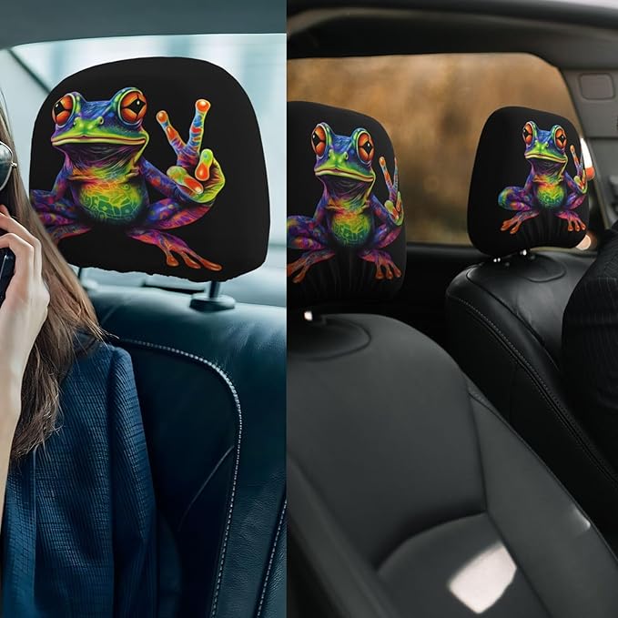 Dujiea 2 Pack Colorful Peace Frog Car Headrest Covers, Universal Soft Car Seat Head Rest Cover Protector, Vehicle Accessories Fabric Headrest Cover for Cars Vans Trucks